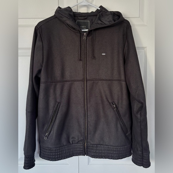 OBEY Propaganda Black Pebbled Liquid Faux Leather Hooded Zip Jacket Size Medium - Picture 14 of 14